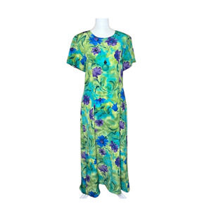 Vtg 90s Floral Maxi Dress 10P Multi-color Necklace Resort Vacation Coconut Girl
